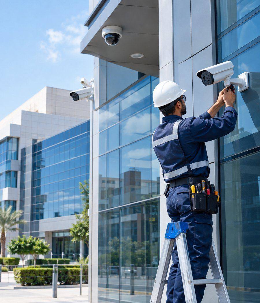 CCTV Experts technician installing security cameras on a commercial building