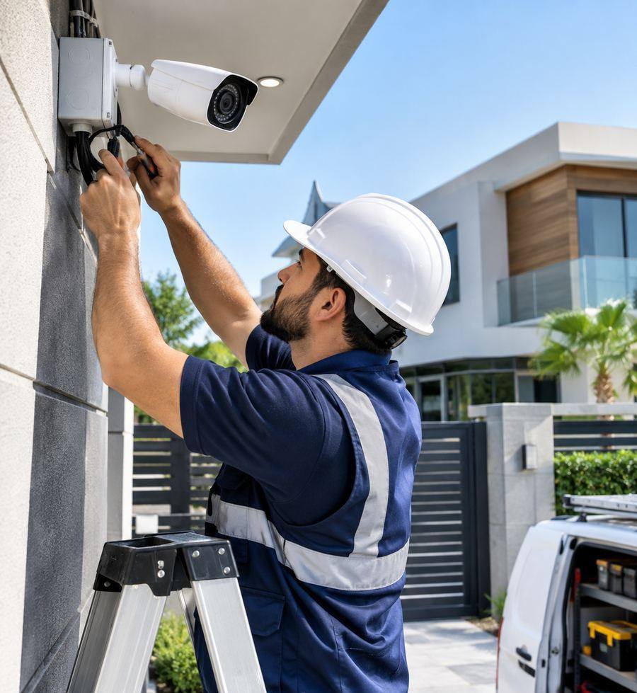 Professional technician installing a CCTV security camera
