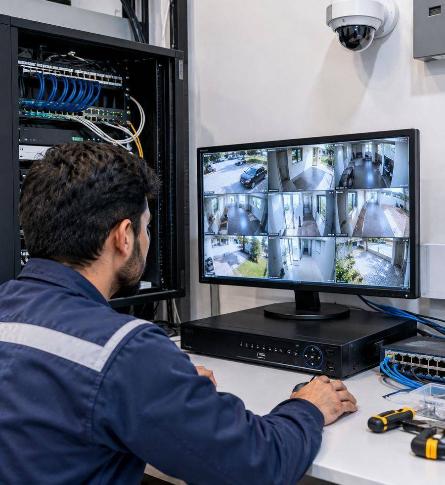 Technician repairing a CCTV camera and recorder