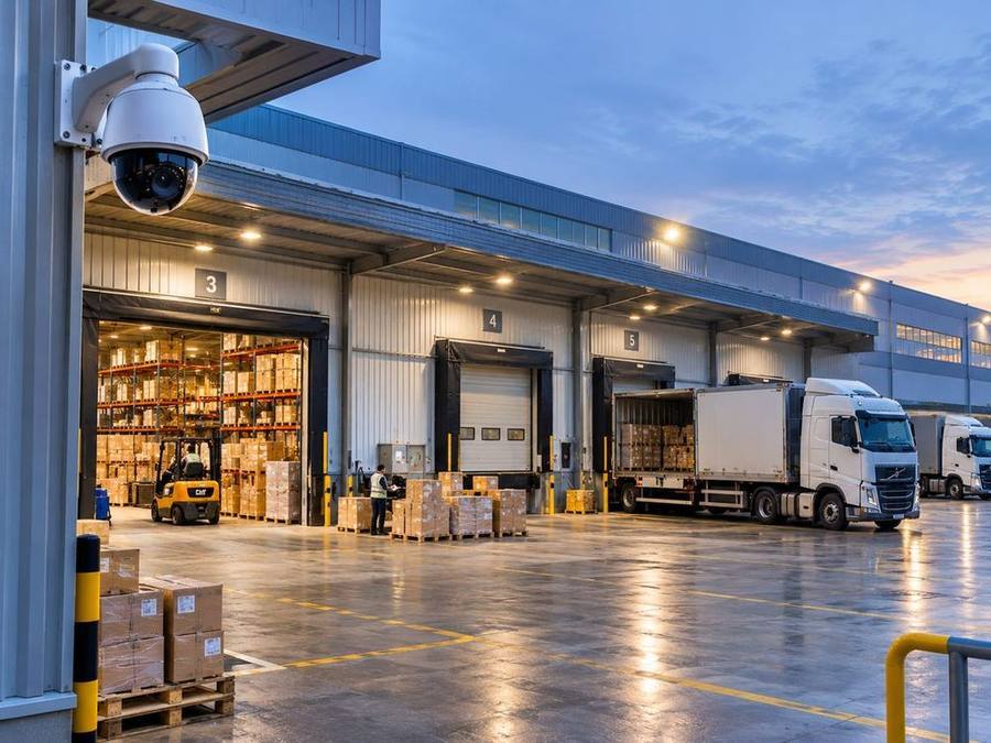 Warehouse storage interior with racking and boxes