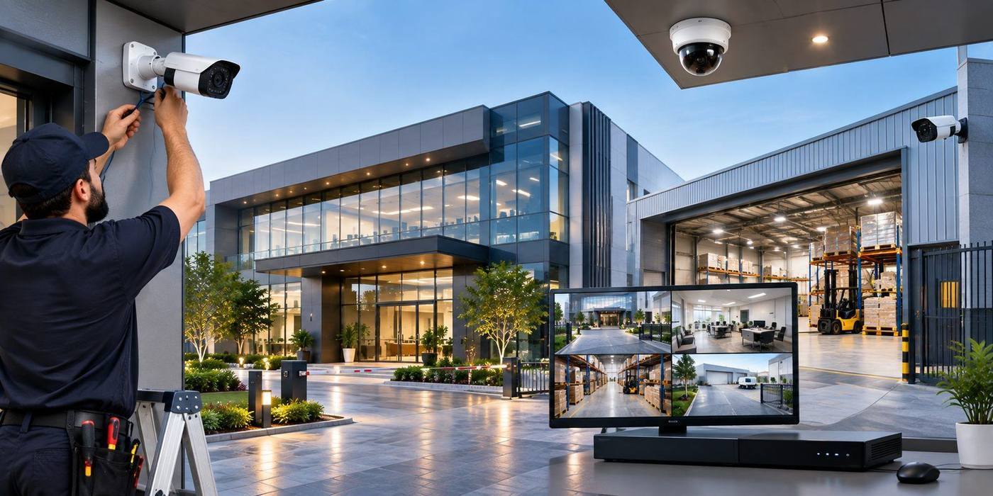 Modern glass-fronted corporate office building with CCTV installation