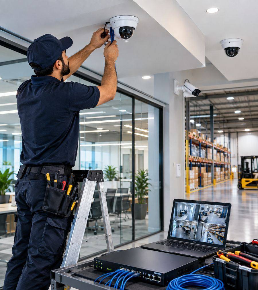 Technician installing a CCTV camera during a commercial project