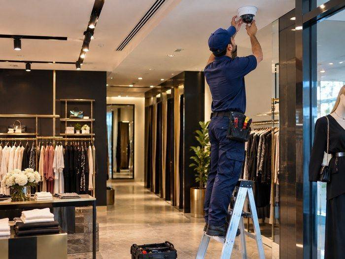 Camera positioned above a fashion boutique interior