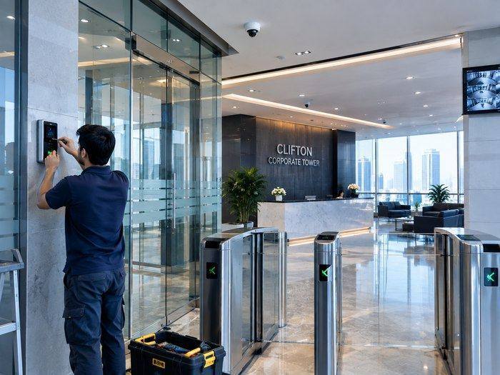 Technician installing an access control system inside a corporate tower lobby