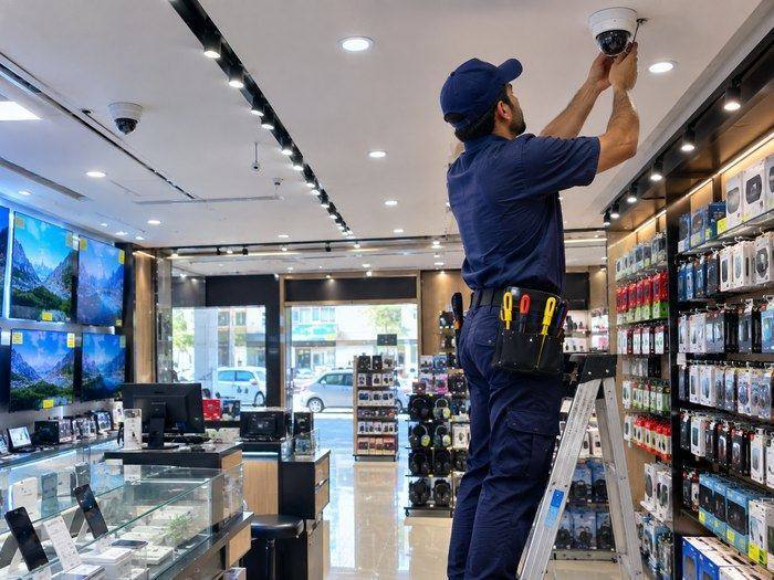 CCTV camera mounted inside an electronics store
