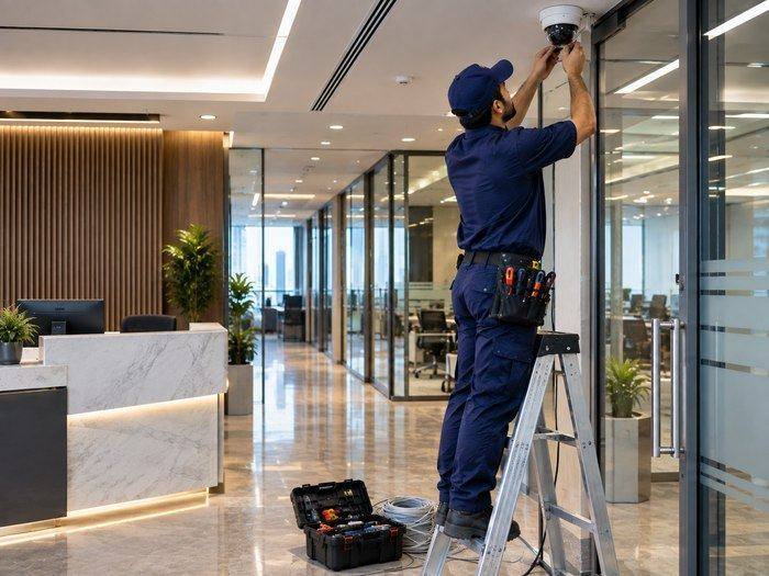 Technician installing a ceiling dome camera in a modern office reception