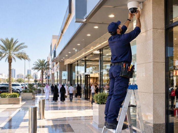 Technician installing a camera at the entrance of a commercial shopping plaza
