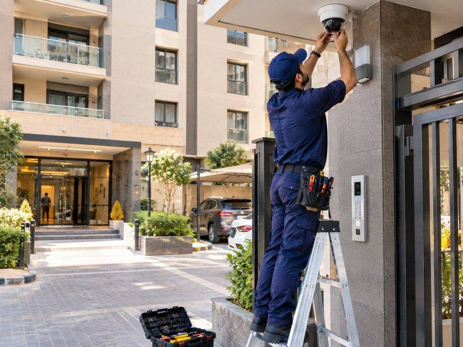 Outdoor CCTV camera installed at a residential apartment entrance