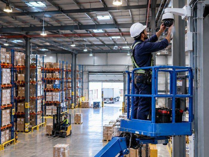 Technician on a lift installing a security camera inside a storage warehouse