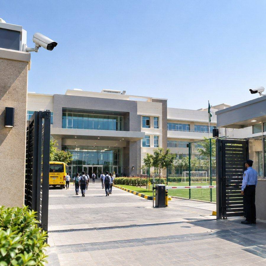 CCTV camera mounted outside a large commercial building entrance