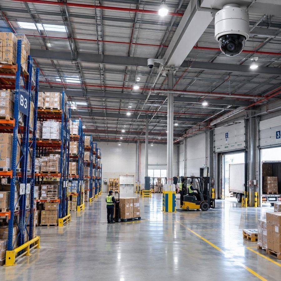 CCTV dome camera monitoring a warehouse storage and loading area