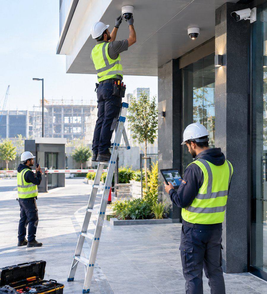 CCTV Experts technicians installing security cameras on a commercial building exterior