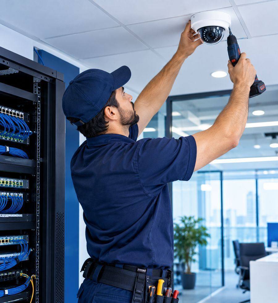 Technician installing a networked IP security camera