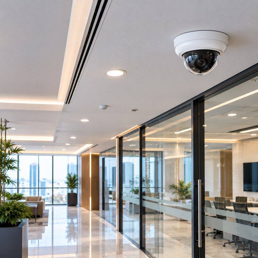 Professionally installed dome CCTV camera on an office ceiling near a glass meeting room