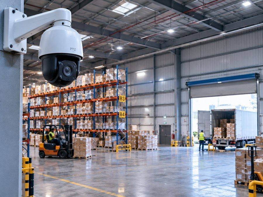 PTZ security camera monitoring the Mussafah Industrial Area logistics warehouse