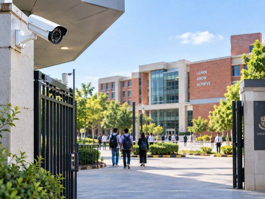 Security camera mounted at the entrance gate of a school campus
