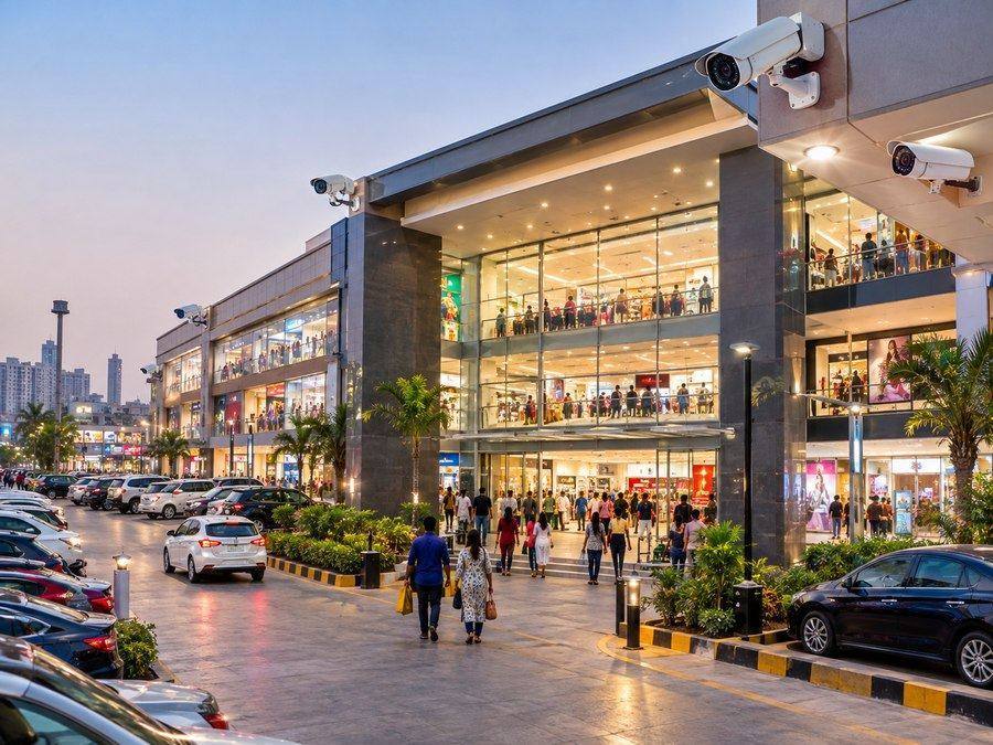 CCTV cameras installed at the entrance of a busy shopping plaza