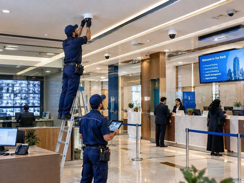 CCTV technicians installing ceiling cameras inside a bank branch