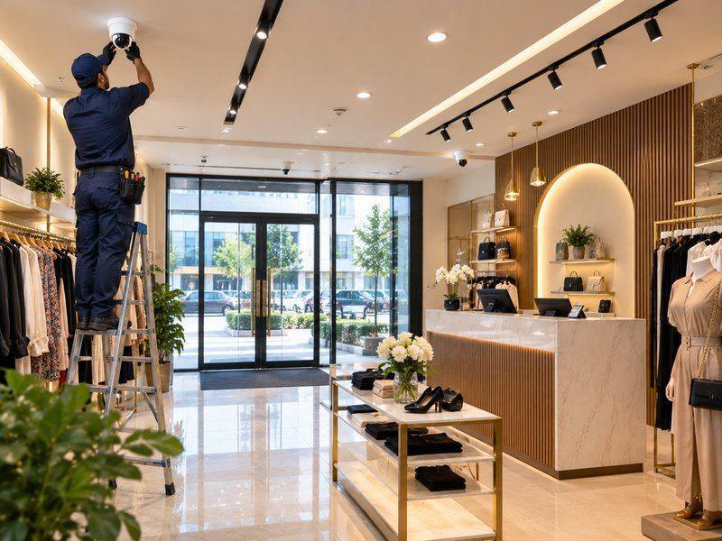 CCTV technician installing a ceiling camera inside a fashion boutique