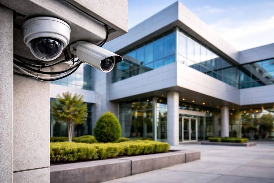Modern glass-fronted corporate office building with CCTV installation