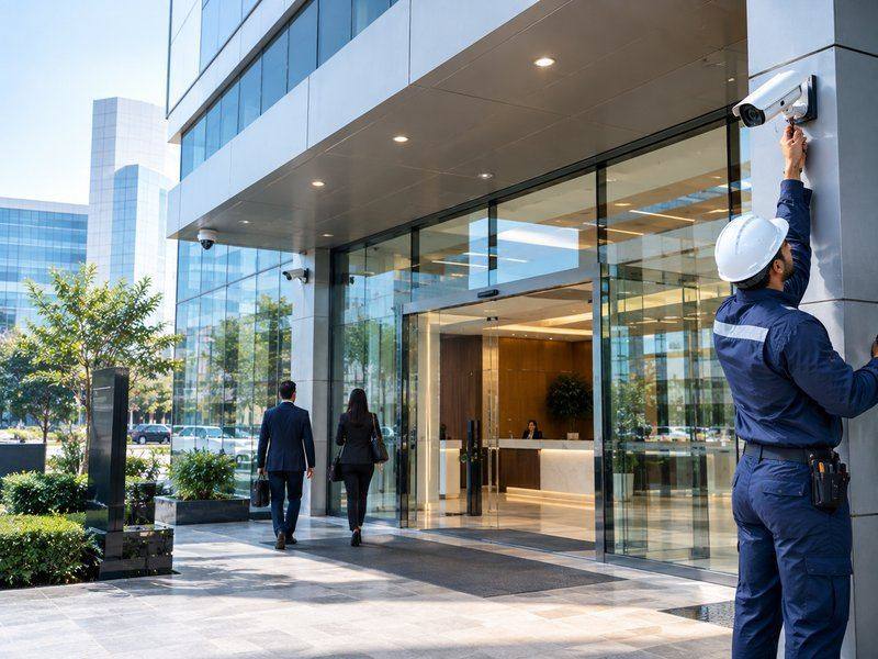 CCTV technician installing a camera outside a corporate office entrance
