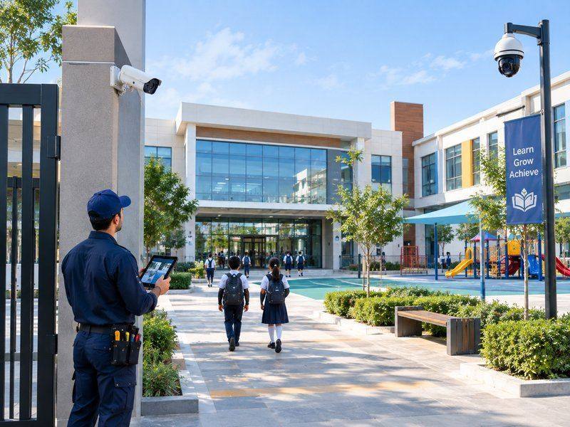 CCTV technician monitoring a school campus entrance camera