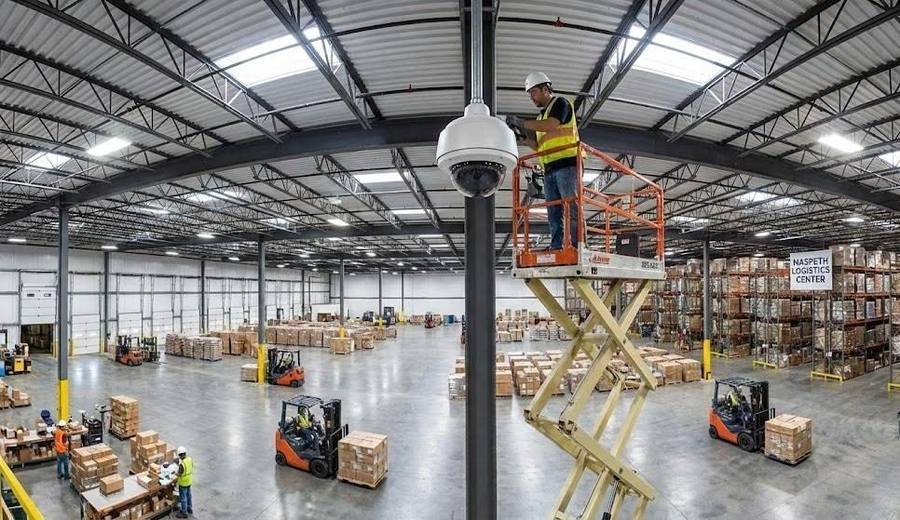 CCTV technician checking a camera at a warehouse loading bay