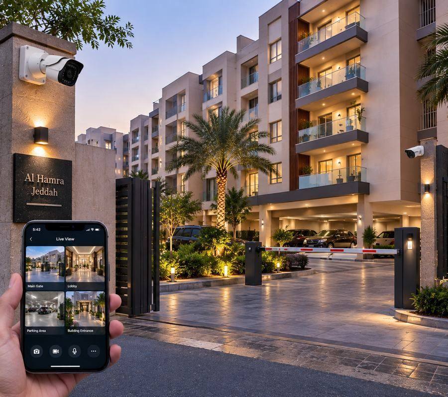 Wireless security camera mounted outside an apartment entrance