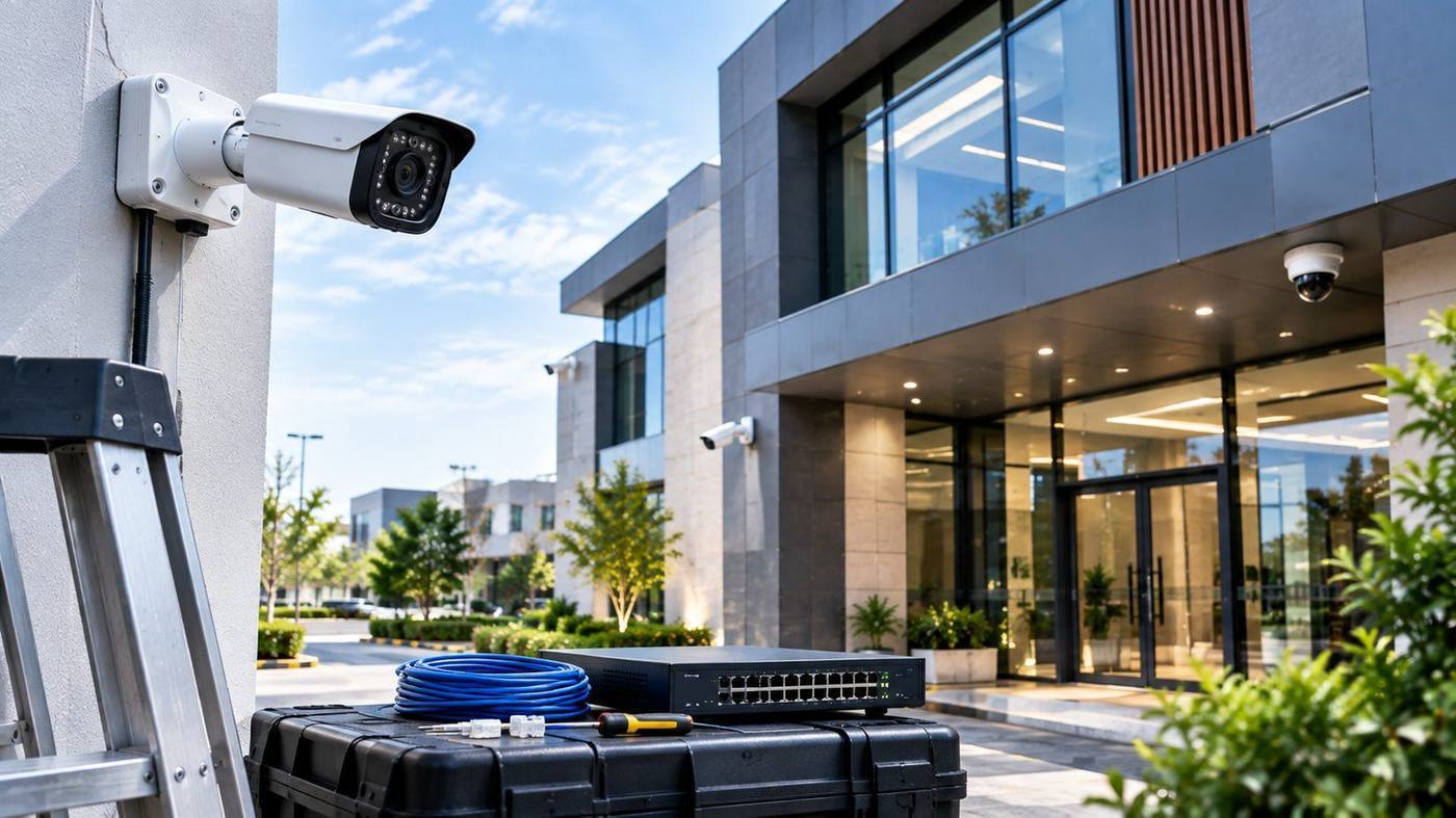 Technician monitoring live CCTV footage on multiple screens