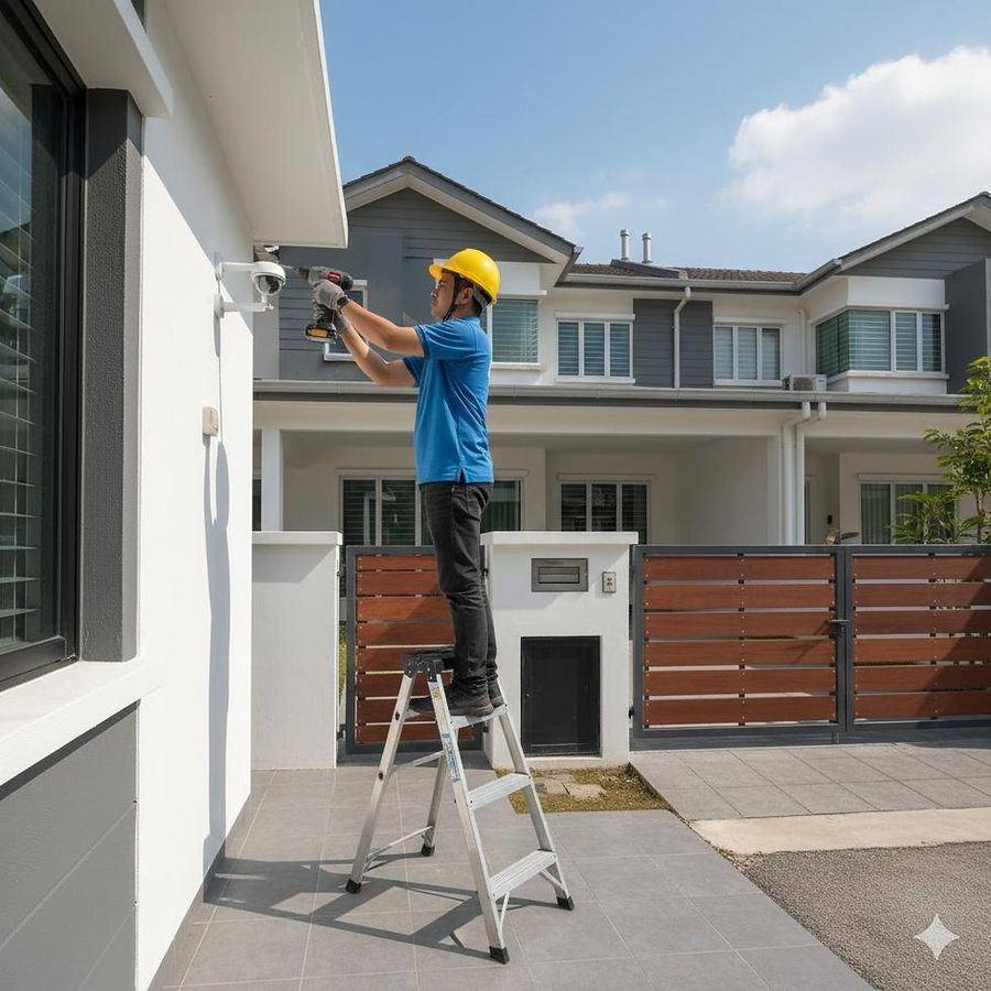 Technician monitoring live security camera footage on multiple screens