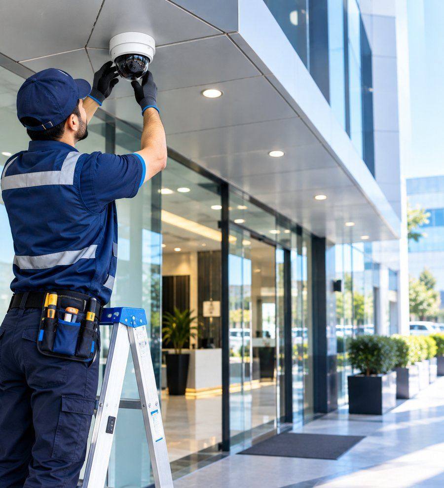 Professional CCTV technician installing a dome security camera at a commercial building entrance