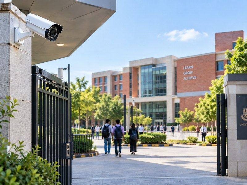 Security camera mounted at a university campus entrance gate