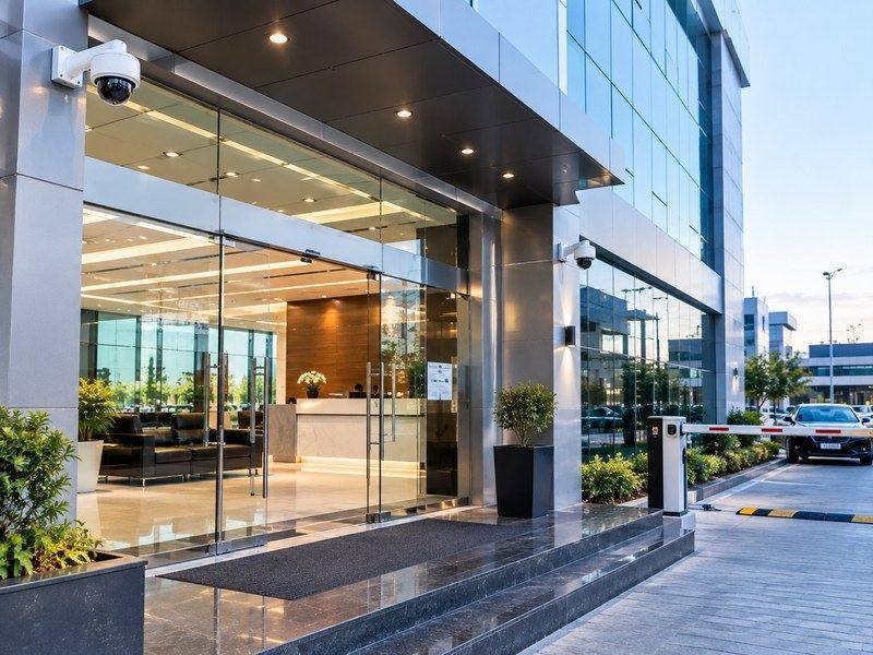 CCTV camera installed at a corporate office building entrance