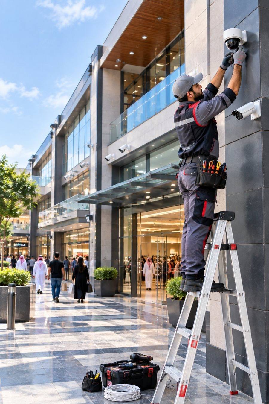 Technician installing a security camera at the Sheikh Zayed Road Shopping Plaza entrance