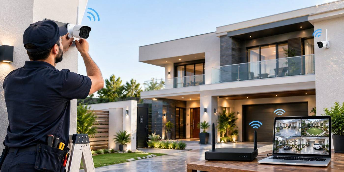 Pole mounted wireless security camera near a residential compound
