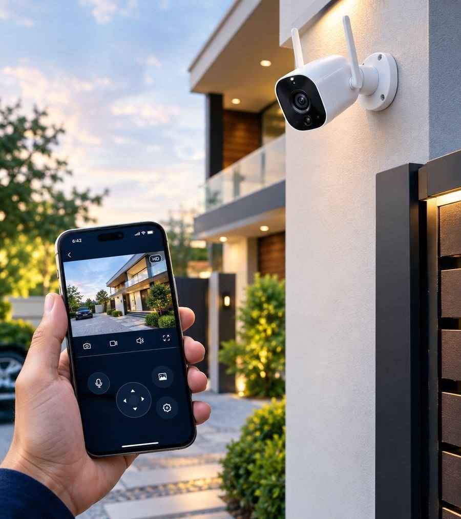 Wireless security camera mounted outdoors